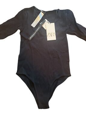 ZARA Black Ribbed Long-Sleeve Bodysuit